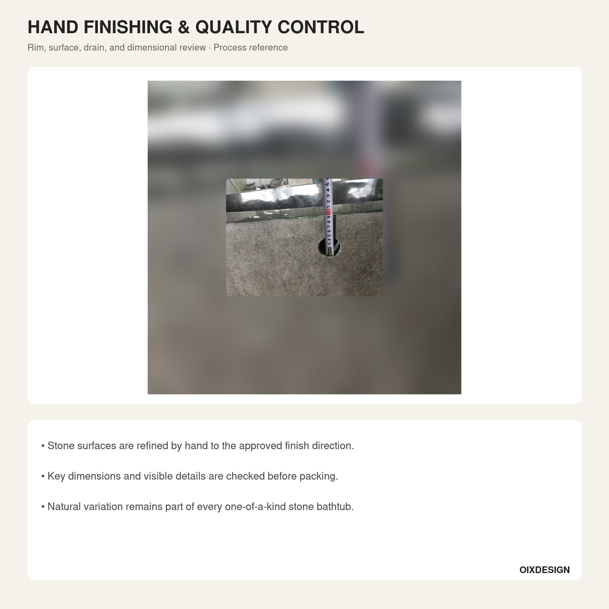 Granite bathtub hand finishing, rim measurement, and quality control reference