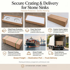 Integrated stone basins secure packing and delivery with fitted foam protection, foam top cover, optional custom carton, closed plywood crating, ocean freight and truck delivery