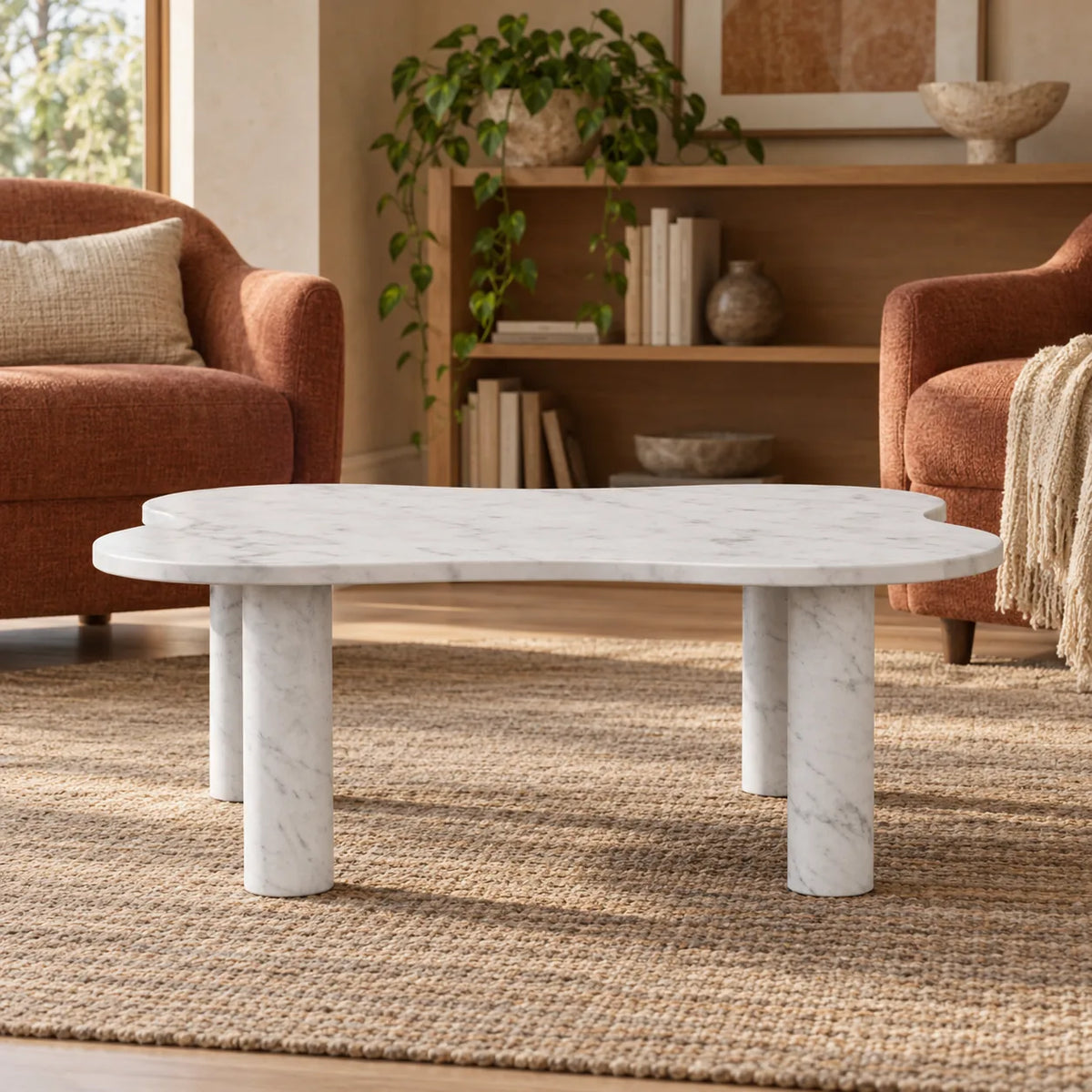 LakeMist Carrara marble coffee table shown from a low angle in a conversation nook.