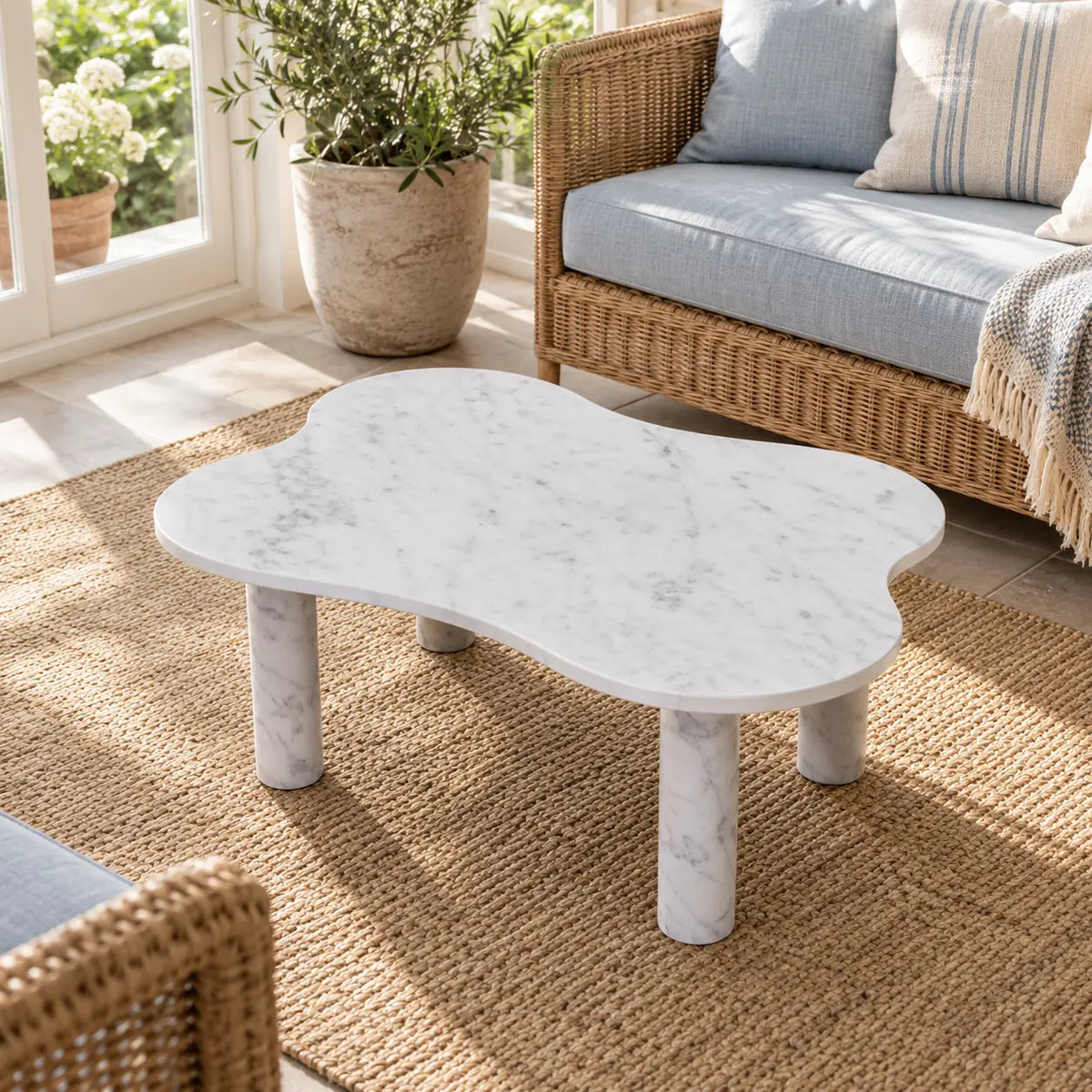 LakeMist Carrara marble coffee table viewed from an elevated angle in a garden sunroom.