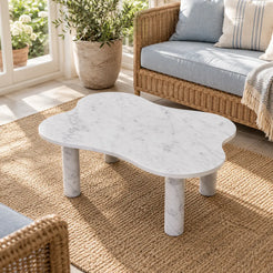 LakeMist Carrara marble coffee table viewed from an elevated angle in a garden sunroom.