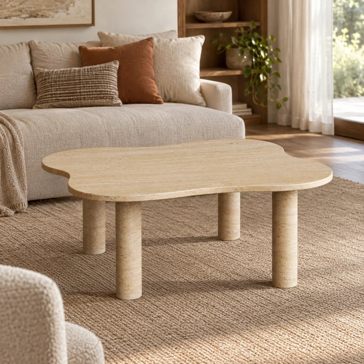 LakeMist Classico travertine coffee table with a softly wavy top and four cylindrical legs beside a linen sofa.