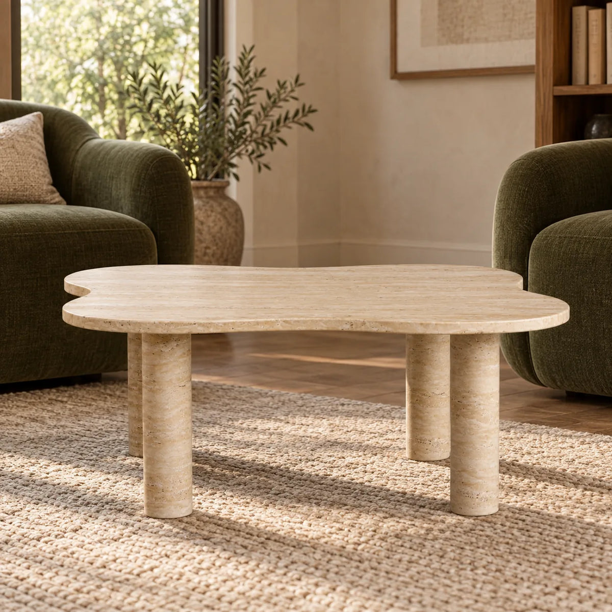 Low frontal view of the LakeMist travertine coffee table in an olive-chair reading corner.