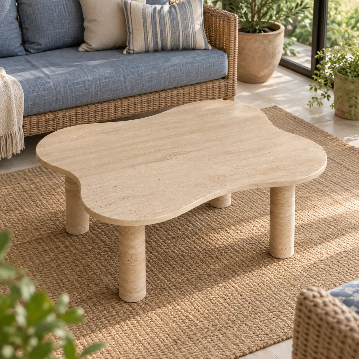 Side-quarter view of the LakeMist travertine coffee table in a garden-facing sunroom.