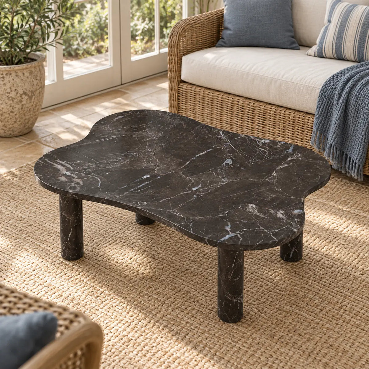 Elevated view of the LakeMist Dark Emperador marble coffee table in a garden-facing sunroom, showing its contoured rectangular top and four stone legs.