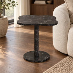 LakeMist Dark Emperador marble side table beside a cream sofa, shown from a moderate oblique view