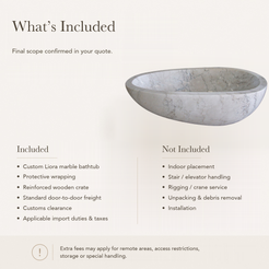 Liora Freestanding Egg-Shaped Marble Soaking Bathtub – Ivory Cloud — What’s Included in the Reference Price.