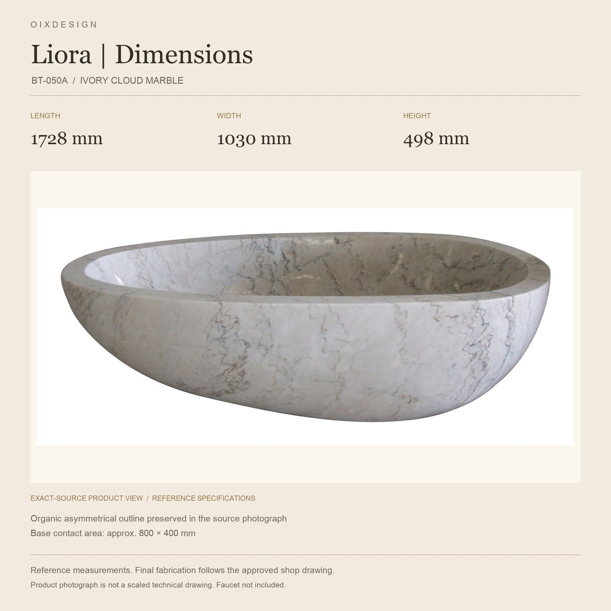 Liora BT-050A Ivory Cloud Marble bathtub reference dimensions: length 1728 mm, width 1030 mm, height 498 mm; actual-source product image in a warm ivory specification layout