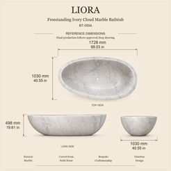 Liora BT-050A Ivory Cloud Marble bathtub dimensions: 1728 x 1030 x 498 mm (68.03 x 40.55 x 19.61 in), top, long side and end views.