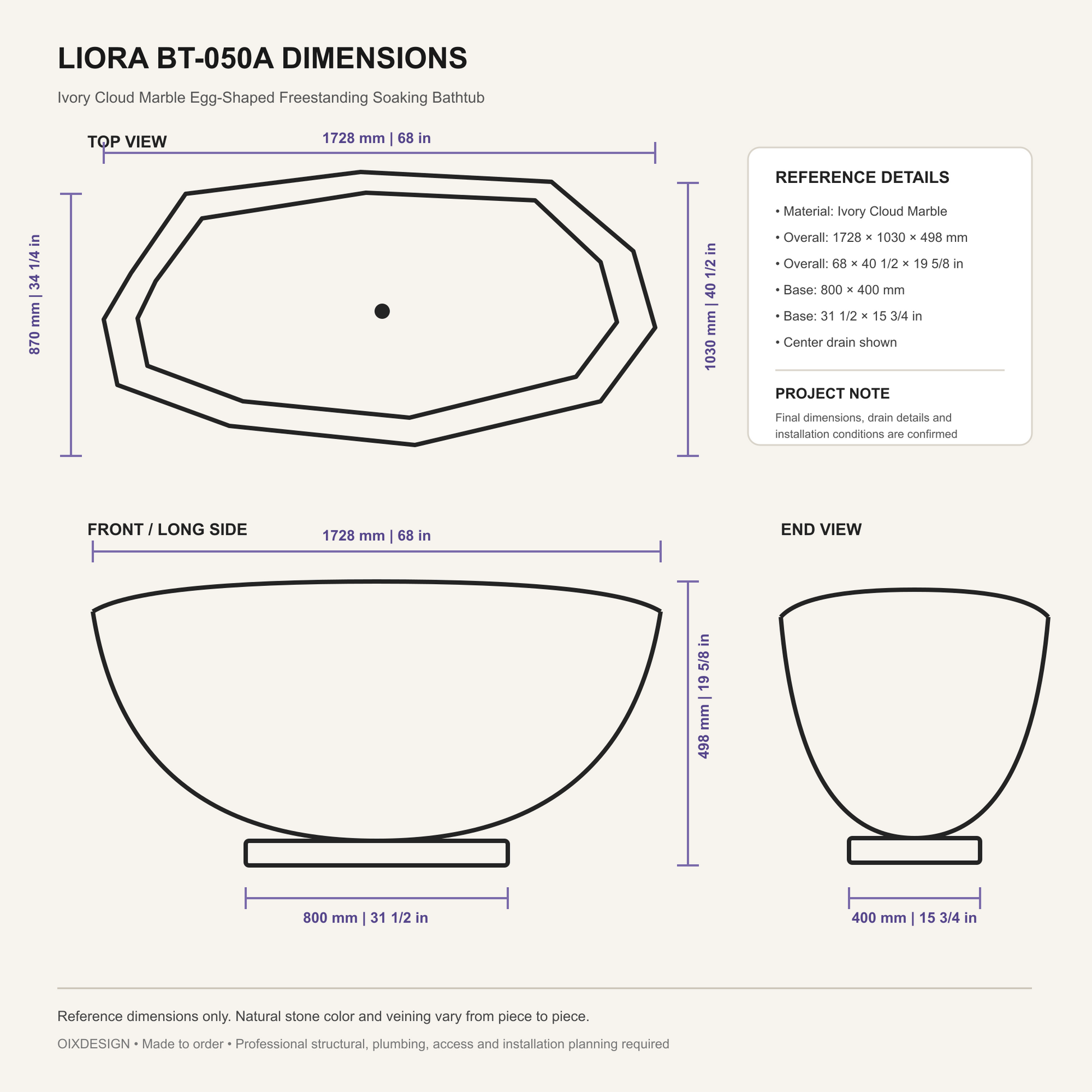 Liora BT-050A Ivory Cloud Marble bathtub dimensions, 1728 x 1030 x 498 mm