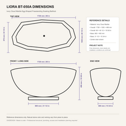 Liora BT-050A Ivory Cloud Marble bathtub dimensions, 1728 x 1030 x 498 mm