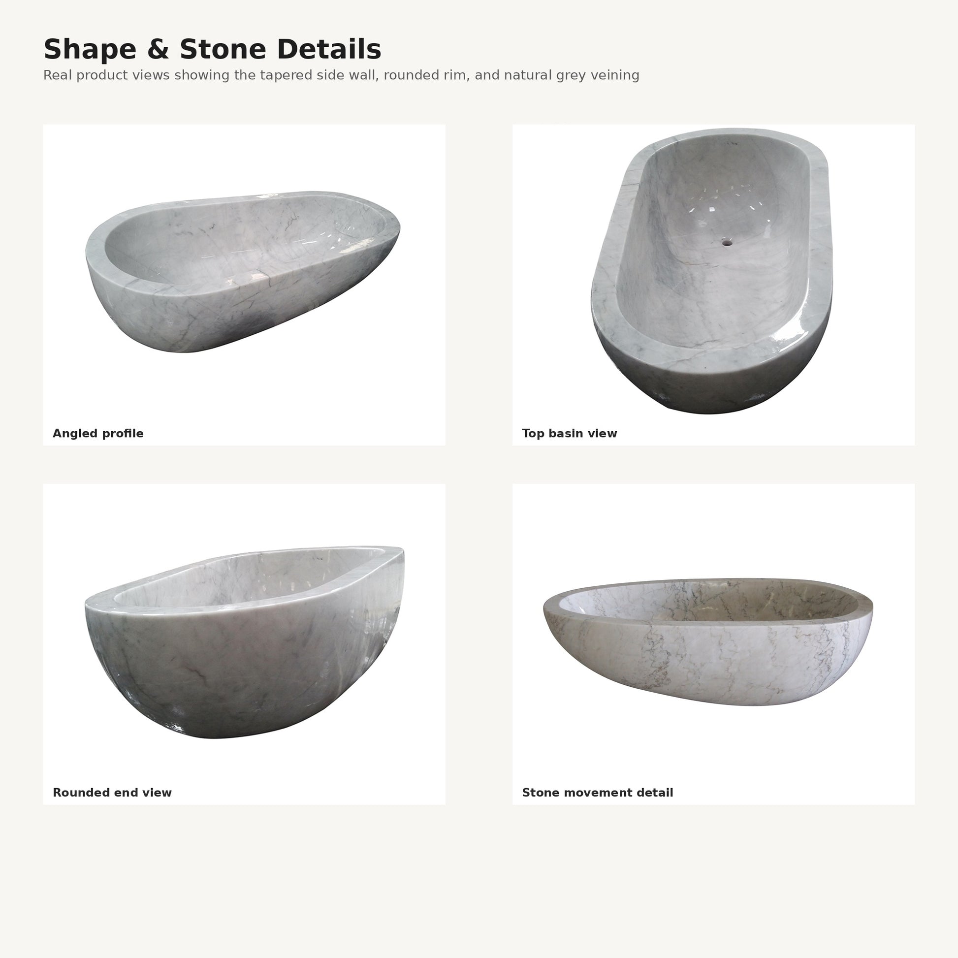 Liora BT-050A Ivory Cloud Marble bathtub, egg-shaped profile and stone detail views
