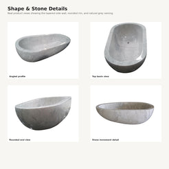 Liora BT-050A Ivory Cloud Marble bathtub, egg-shaped profile and stone detail views