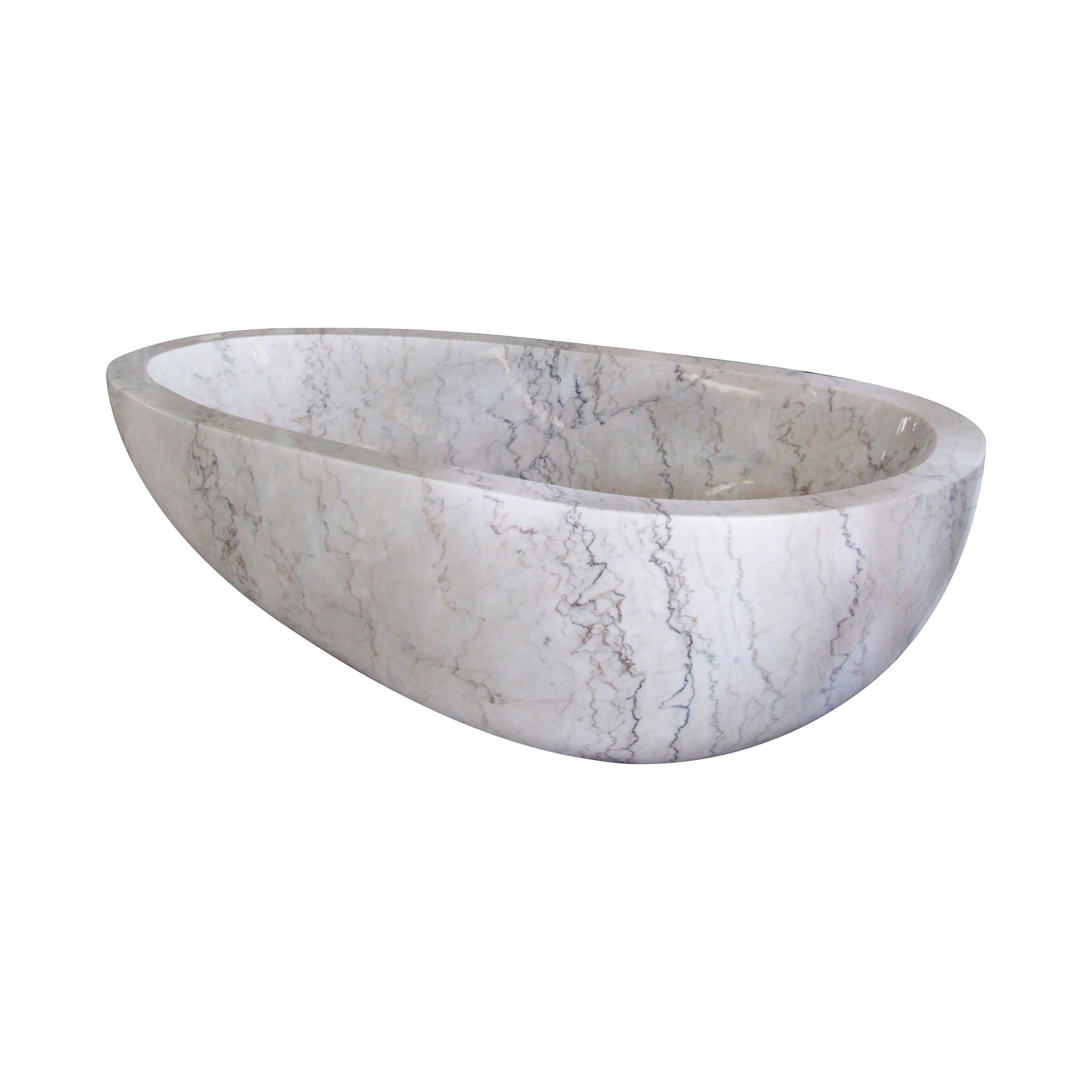 Liora Ivory Cloud Marble egg-shaped soaking bathtub, real side profile