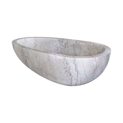 Liora Ivory Cloud Marble egg-shaped soaking bathtub, real side profile