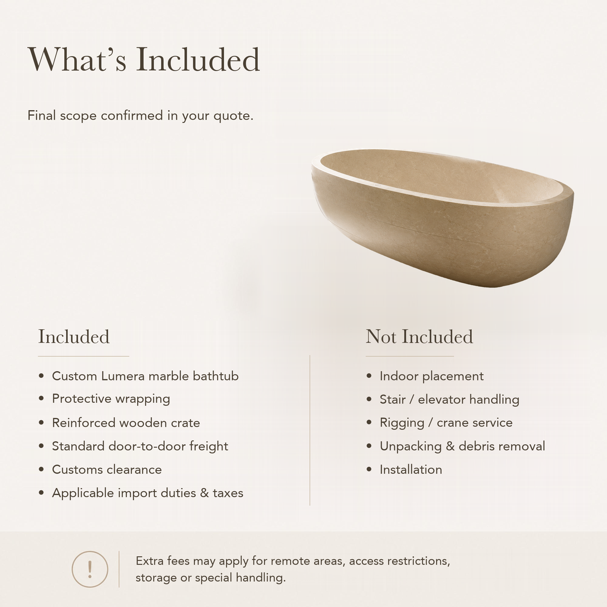 Lumera Low Oval Freestanding Soaking Bathtub – Galala Marble — What’s Included in the Reference Price.