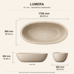 Lumera Low Oval Freestanding Soaking Bathtub – Galala Marble reference dimension drawing with top, long-side and short-end views, measurements in millimetres and inches.