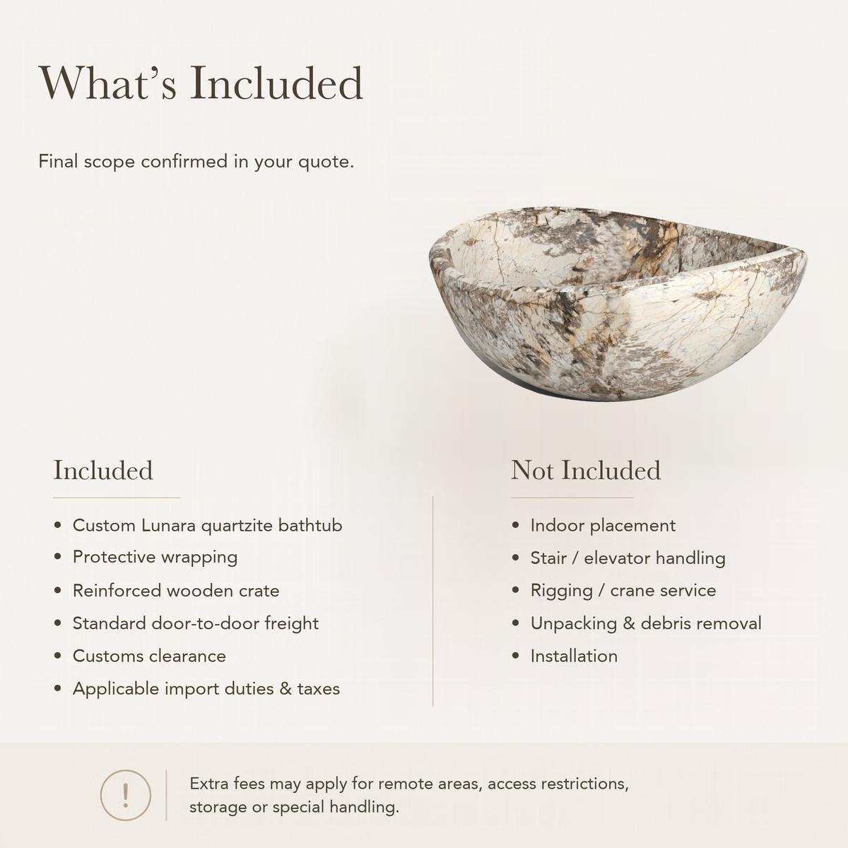 Lunara Round Freestanding Soaking Bathtub – Pandora Blanc Quartzite — What’s Included in the Reference Price.