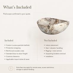 Lunara Round Freestanding Soaking Bathtub – Pandora Blanc Quartzite — What’s Included in the Reference Price.