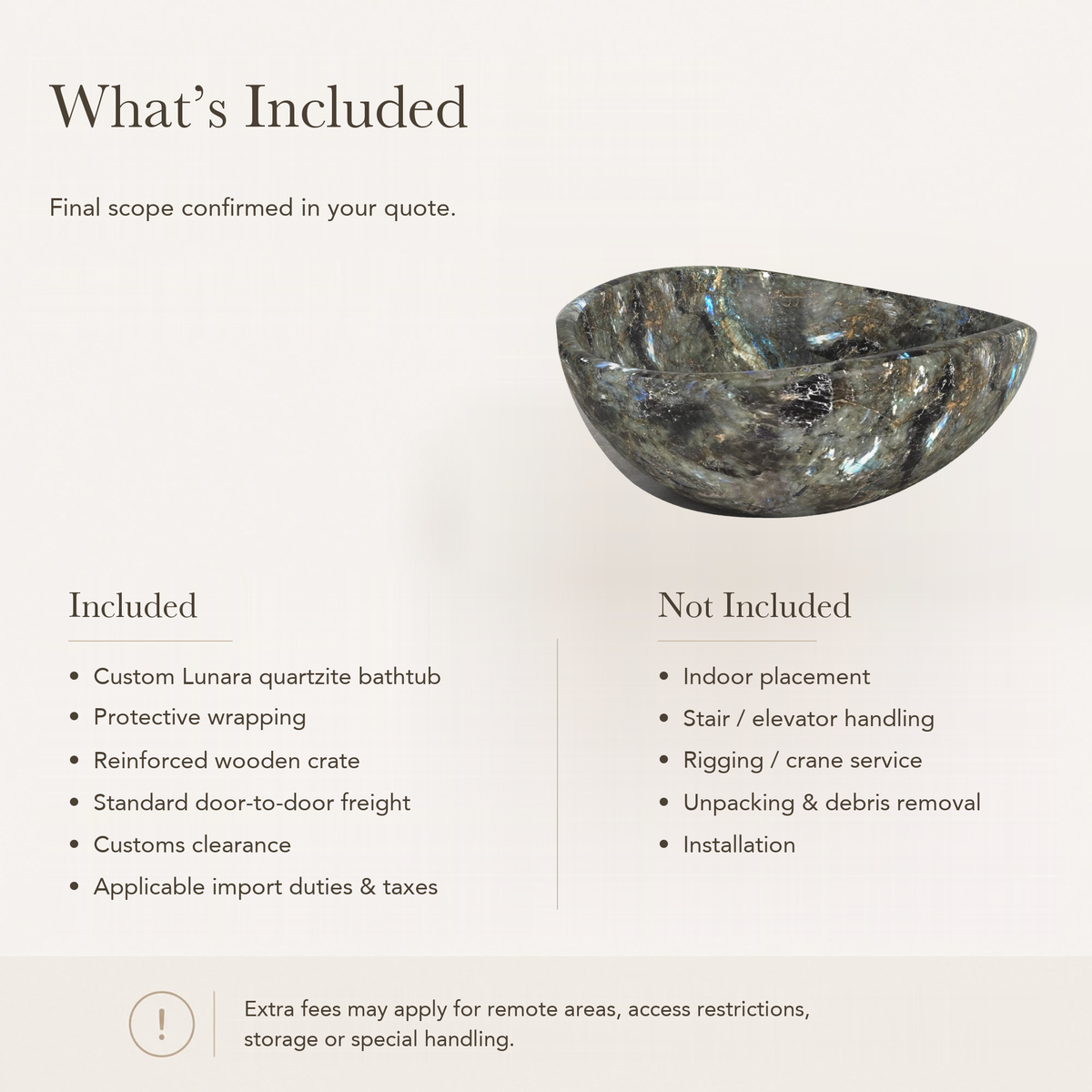 Lunara Round Freestanding Soaking Bathtub – Celestia Blue Quartzite — What’s Included in the Reference Price.
