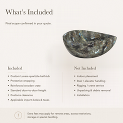 Lunara Round Freestanding Soaking Bathtub – Celestia Blue Quartzite — What’s Included in the Reference Price.