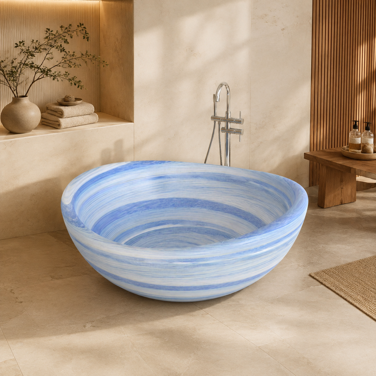 Lunara Round Freestanding Soaking Bathtub – Azura Blue Quartzite in a warm ivory-limestone luxury bathroom; exact product geometry and material preserved
