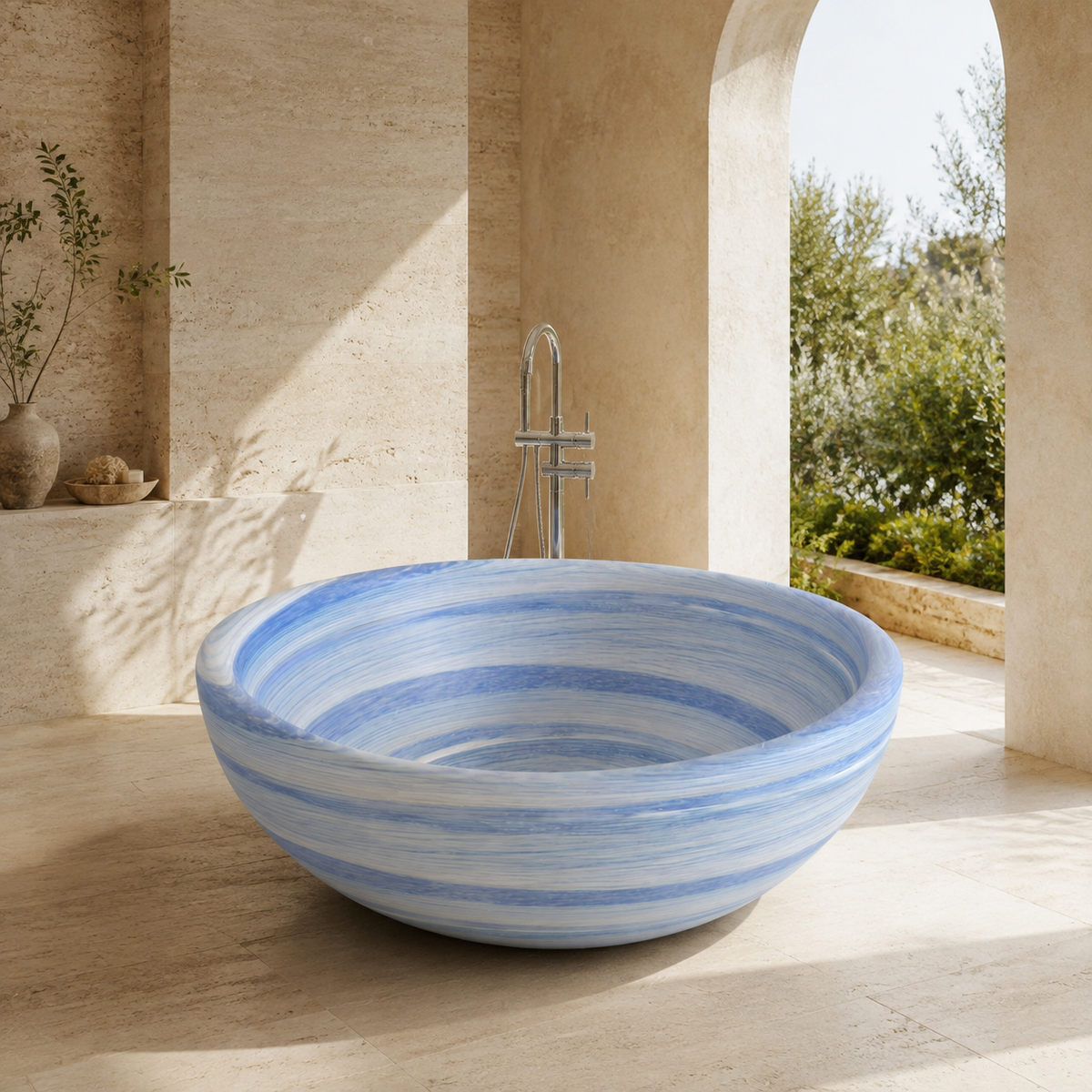 Lunara Round Freestanding Soaking Bathtub – Azura Blue Quartzite in a bright serene courtyard spa bathroom; exact product geometry and material preserved