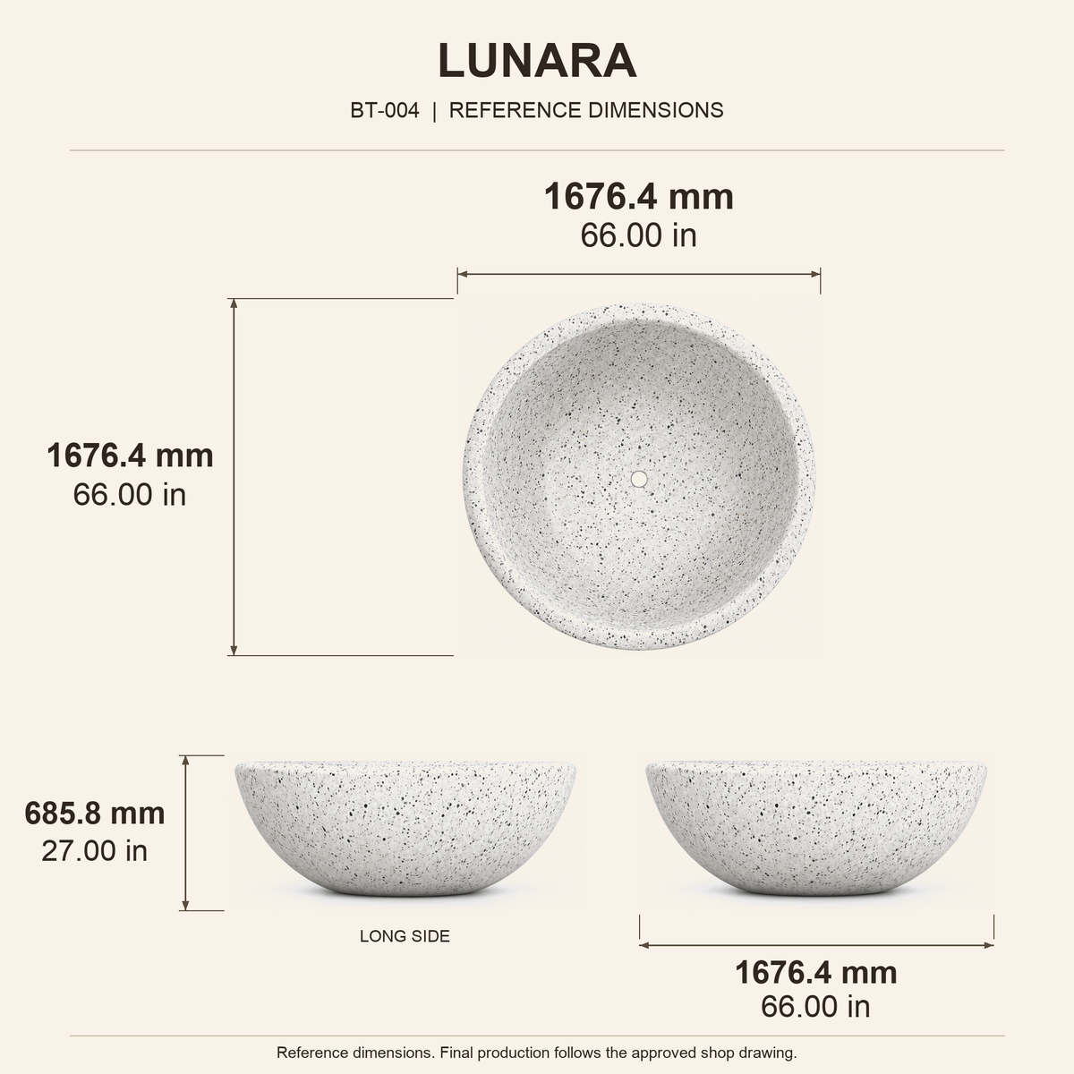 Lunara Round Freestanding Soaking Bathtub – Alba White Terrazzo reference dimension drawing with top, long-side and short-end views, measurements in millimetres and inches.