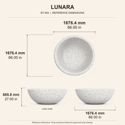 Lunara Round Freestanding Soaking Bathtub – Alba White Terrazzo reference dimension drawing with top, long-side and short-end views, measurements in millimetres and inches.