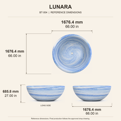 Lunara Round Freestanding Soaking Bathtub – Azura Blue Quartzite reference dimension drawing with top, long-side and short-end views, measurements in millimetres and inches.