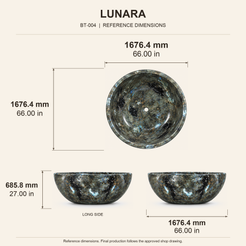 Lunara Round Freestanding Soaking Bathtub – Celestia Blue Quartzite reference dimension drawing with top, long-side and short-end views, measurements in millimetres and inches.