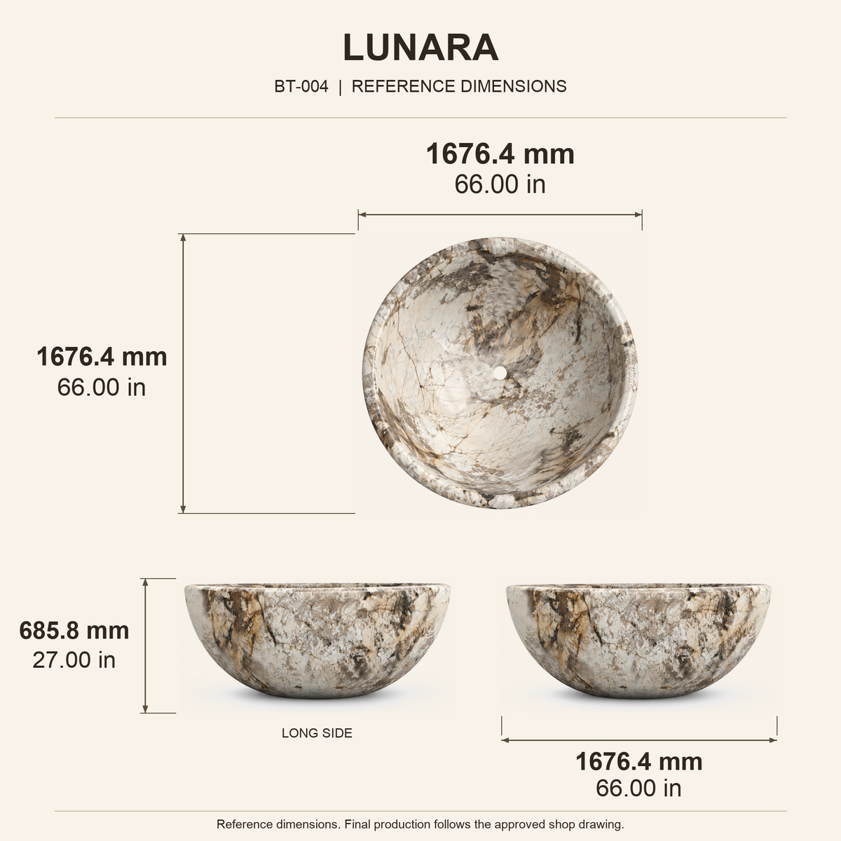 Lunara Round Freestanding Soaking Bathtub – Pandora Blanc Quartzite reference dimension drawing with top, long-side and short-end views, measurements in millimetres and inches.