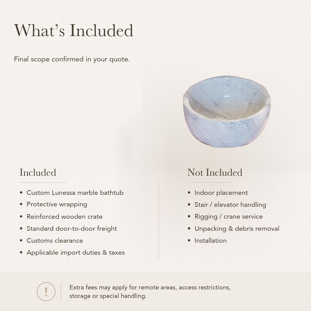 Lunessa Faceted Round Freestanding Soaking Bathtub – Carrara White Marble — What’s Included in the Reference Price.
