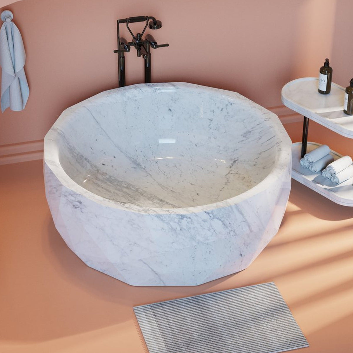 Lunessa BT-135A Carrara White Marble round bathtub, full-frame hero design rendering