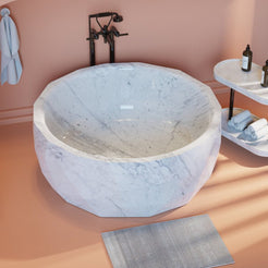 Lunessa BT-135A Carrara White Marble round bathtub, full-frame hero design rendering