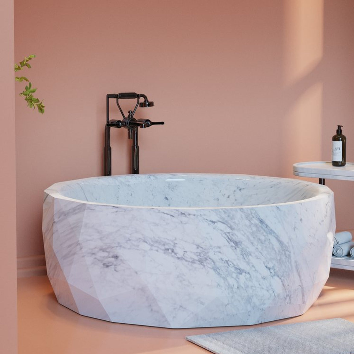Lunessa BT-135A Carrara White Marble round bathtub, full-frame second design rendering