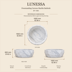 Lunessa BT-135A Carrara Marble bathtub dimensions: 1600 x 1600 x 600 mm (62.99 x 62.99 x 23.62 in), top, long side and end views.