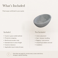 Lysara Low-Profile Oval Freestanding Soaking Bathtub – Carrara White Marble — What’s Included in the Reference Price.