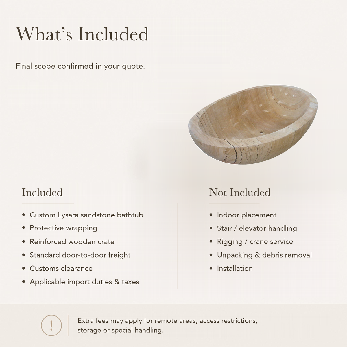 Lysara Low-Profile Oval Freestanding Soaking Bathtub – Natural Sandstone — What’s Included in the Reference Price.