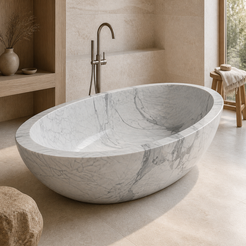 Lysara Low-Profile Oval Freestanding Soaking Bathtub – Carrara White Marble in a warm ivory-limestone luxury bathroom; exact product geometry and material preserved