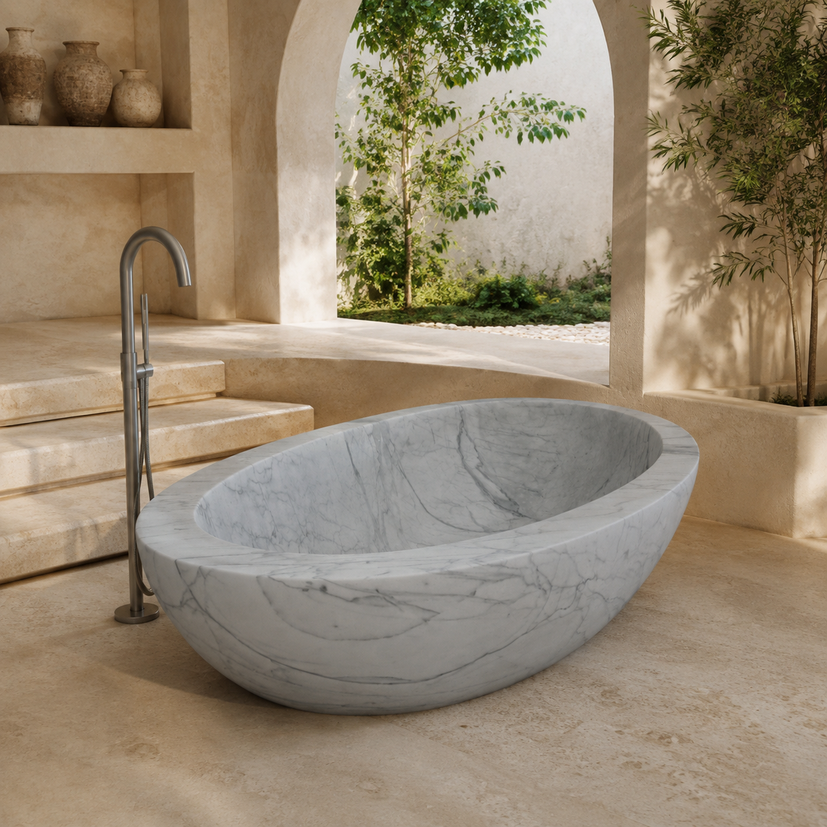 Lysara Low-Profile Oval Freestanding Soaking Bathtub – Carrara White Marble in a bright serene courtyard spa bathroom; exact product geometry and material preserved