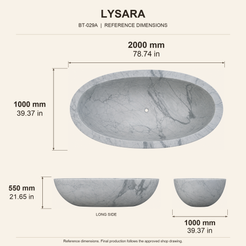 Lysara Low-Profile Oval Freestanding Soaking Bathtub – Carrara White Marble reference dimension drawing with top, long-side and short-end views, measurements in millimetres and inches.