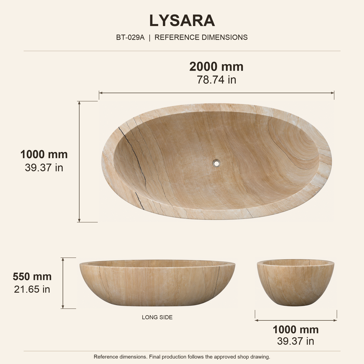 Lysara Low-Profile Oval Freestanding Soaking Bathtub – Natural Sandstone reference dimension drawing with top, long-side and short-end views, measurements in millimetres and inches.