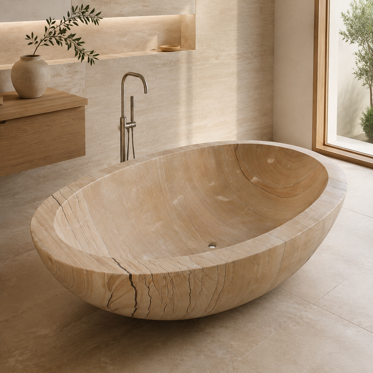 Lysara Low-Profile Oval Freestanding Soaking Bathtub – Natural Sandstone in a warm ivory-limestone luxury bathroom; exact product geometry and material preserved