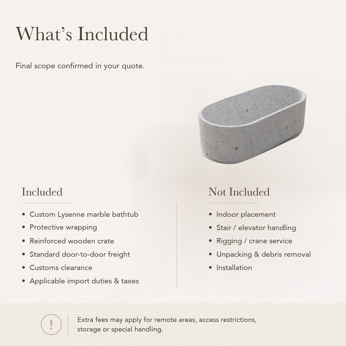 Lysenne Minimal Oval Freestanding Soaking Bathtub – Carrara White Marble — What’s Included in the Reference Price.