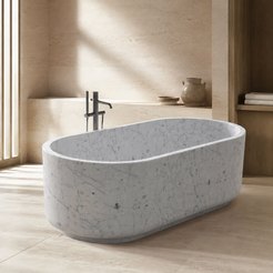 Lysenne Minimal Oval Freestanding Soaking Bathtub – Carrara White Marble in a warm ivory-limestone luxury bathroom; exact product geometry and material preserved