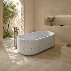 Lysenne Minimal Oval Freestanding Soaking Bathtub – Carrara White Marble in a bright serene courtyard spa bathroom; exact product geometry and material preserved