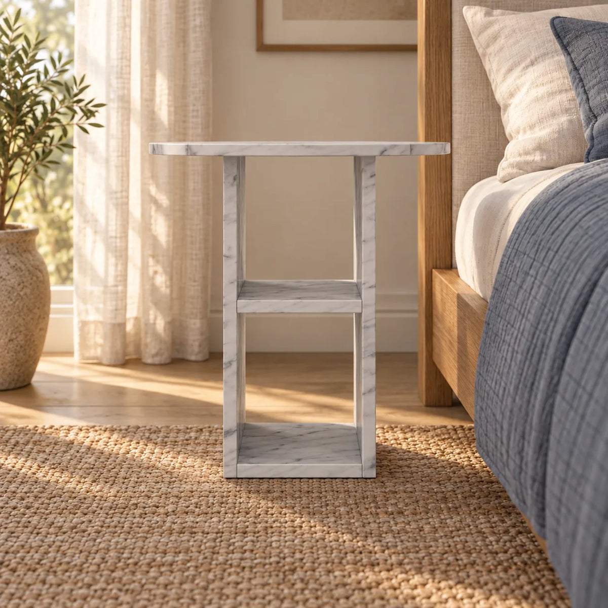MarbleNook Carrara marble side table beside an oak bed, shown from a low front view