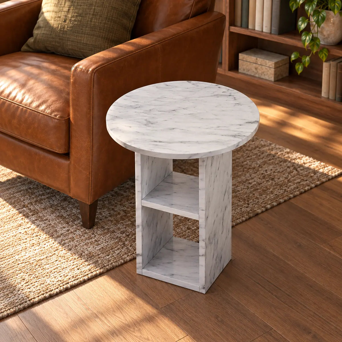 MarbleNook Carrara marble side table in a reading library, shown from an elevated front-quarter view