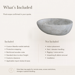 Marella Oval Freestanding Soaking Bathtub – Ivory Cloud Marble — What’s Included in the Reference Price.